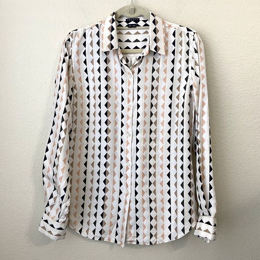 Theory Shirt Womens Medium Linigole Diamond Print Silk Cream Black